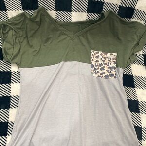 Amazon Women's Green and Gray Top with Leopard Pocket